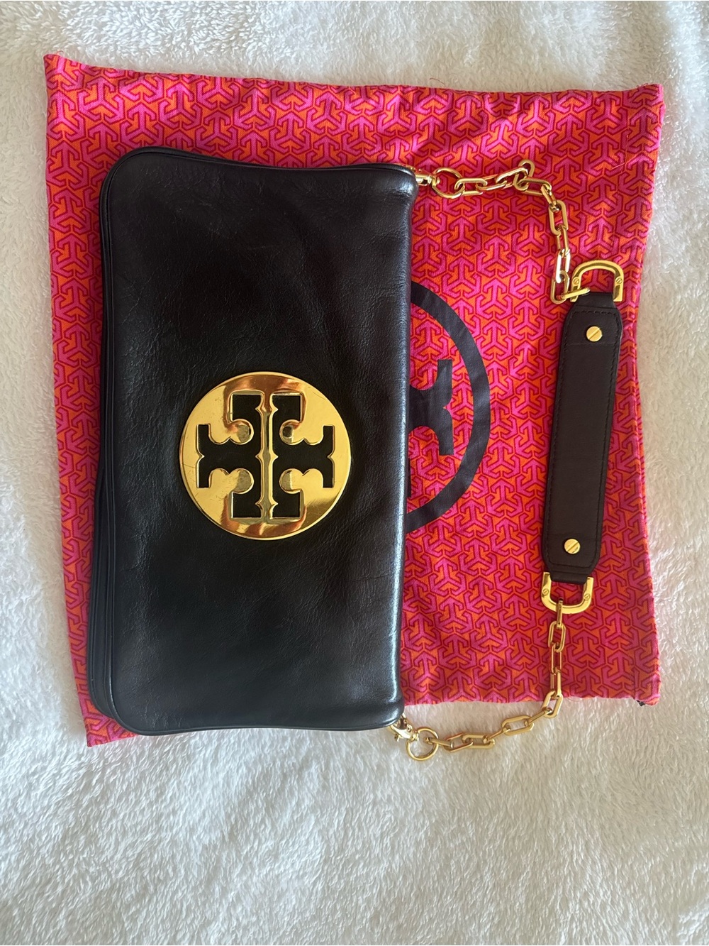 Tory Burch Black Leather Shoulder Purse with Gold-Tone Logo and Chain